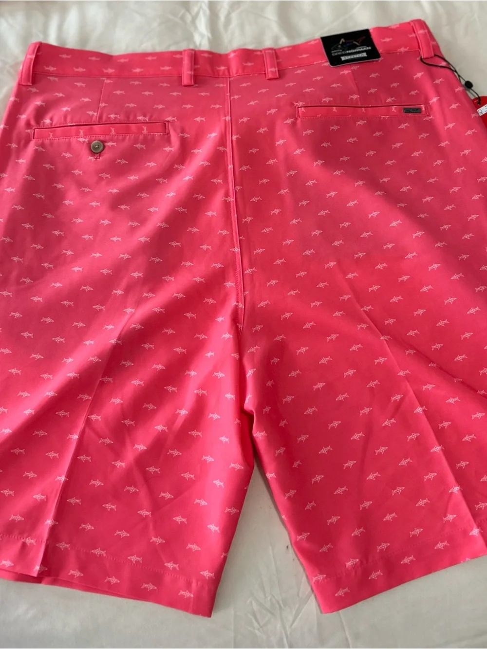 NWT Greg Norman Golf Shorts Men’s  36 Coral Pink AOP Shark Print Stretch